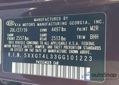 2016 Kia Optima Lx from USA, damaged, VIN 5XXGT4L33GG101223